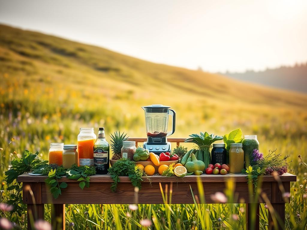 An idyllic scene of a serene, sun-dappled meadow, with a wooden table set with various jars, bottles, and a blender, all surrounding a large, vibrant bowl of freshly harvested fruits and vegetables. The table is adorned with lush, green foliage, and the background features a gently sloping hill dotted with colorful wildflowers. The lighting is soft and warm, creating a calming, rejuvenating atmosphere. A sense of peace and mindfulness permeates the scene, inviting the viewer to slow down, connect with nature, and prepare for a transformative detox experience. An idyllic scene of a serene, sun-dappled meadow, with a wooden table set with various jars, bottles, and a blender, all surrounding a large, vibrant bowl of freshly harvested fruits and vegetables. The table is adorned with lush, green foliage, and the background features a gently sloping hill dotted with colorful wildflowers. The lighting is soft and warm, creating a calming, rejuvenating atmosphere. A sense of peace and mindfulness permeates the scene, inviting the viewer to slow down, connect with nature, and prepare for a transformative detox experience.