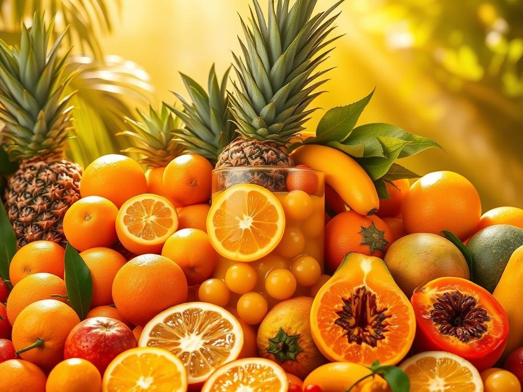 Lush tropical fruits spilling forth from an overflowing glass, glistening with freshness. Vibrant oranges, pineapples, mangoes, and papayas arranged in a bountiful display, their vibrant hues radiating warmth and energy. Shafts of golden light filter through the scene, casting a soft, invigorating glow. The composition is dynamic, with the fruits cascading out of the glass, creating a sense of abundance and vitality. The overall mood is one of refreshment and rejuvenation, perfectly capturing the essence of "Sucos Tropicais Revigorantes". Frutas tropicais exuberantes transbordando de um copo transbordante, brilhando com frescor. Laranjas vibrantes, abacaxis, mangas e mamões dispostos em uma exibição abundante, seus tons vibrantes irradiando calor e energia. Raios de luz dourada filtram-se pela cena, lançando um brilho suave e revigorante. A composição é dinâmica, com as frutas caindo em cascata do copo, criando uma sensação de abundância e vitalidade. O clima geral é de refrescância e rejuvenescimento, capturando perfeitamente a essência de "Sucos Tropicais Revigorantes".