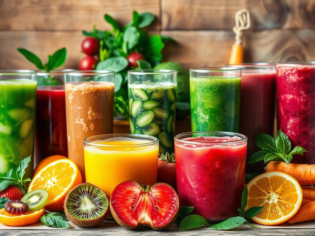Lush, vibrant natural energy drinks. In the foreground, an assortment of freshly blended fruit juices and smoothies, bursting with vibrant colors and enticing textures. Vibrant greens, reds, oranges, and purples swirl together, creating a visually captivating display. The middle ground features various whole fruits and vegetables, such as oranges, kiwis, spinach, and carrots, hinting at the natural and wholesome ingredients used. The background showcases a rustic, wooden table or countertop, conveying a sense of warmth and homemade authenticity. Soft, natural lighting casts a gentle glow, highlighting the health and vitality of the natural energy drinks. The overall mood is one of freshness, energy, and nourishment, perfectly capturing the essence of "Energia: Sucos que Acabam com o Cansaço". Lush, vibrant natural energy drinks. In the foreground, an assortment of freshly blended fruit juices and smoothies, bursting with vibrant colors and enticing textures. Vibrant greens, reds, oranges, and purples swirl together, creating a visually captivating display. The middle ground features various whole fruits and vegetables, such as oranges, kiwis, spinach, and carrots, hinting at the natural and wholesome ingredients used. The background showcases a rustic, wooden table or countertop, conveying a sense of warmth and homemade authenticity. Soft, natural lighting casts a gentle glow, highlighting the health and vitality of the natural energy drinks. The overall mood is one of freshness, energy, and nourishment, perfectly capturing the essence of "Energia: Sucos que Acabam com o Cansaço".