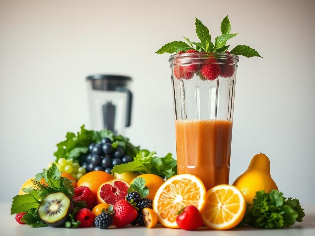 Vibrant and nutritious functional smoothies for weight loss, set against a clean, minimalist background. In the foreground, a variety of fresh, colorful fruits and vegetables - leafy greens, berries, citrus, and superfoods - artfully arranged in a blender jar, ready to be blended into a healthy, metabolism-boosting elixir. Soft, warm lighting casts a natural glow, highlighting the ingredients' vivid hues. In the middle ground, a sleek, modern blender appliance, its stainless steel gleaming. The background is a simple, neutral palette, allowing the vibrant smoothie ingredients to be the star. Overall, the scene conveys a sense of wellness, vitality, and the power of nature-based nutrition for weight management. Vibrant and nutritious functional smoothies for weight loss, set against a clean, minimalist background. In the foreground, a variety of fresh, colorful fruits and vegetables - leafy greens, berries, citrus, and superfoods - artfully arranged in a blender jar, ready to be blended into a healthy, metabolism-boosting elixir. Soft, warm lighting casts a natural glow, highlighting the ingredients' vivid hues. In the middle ground, a sleek, modern blender appliance, its stainless steel gleaming. The background is a simple, neutral palette, allowing the vibrant smoothie ingredients to be the star. Overall, the scene conveys a sense of wellness, vitality, and the power of nature-based nutrition for weight management.