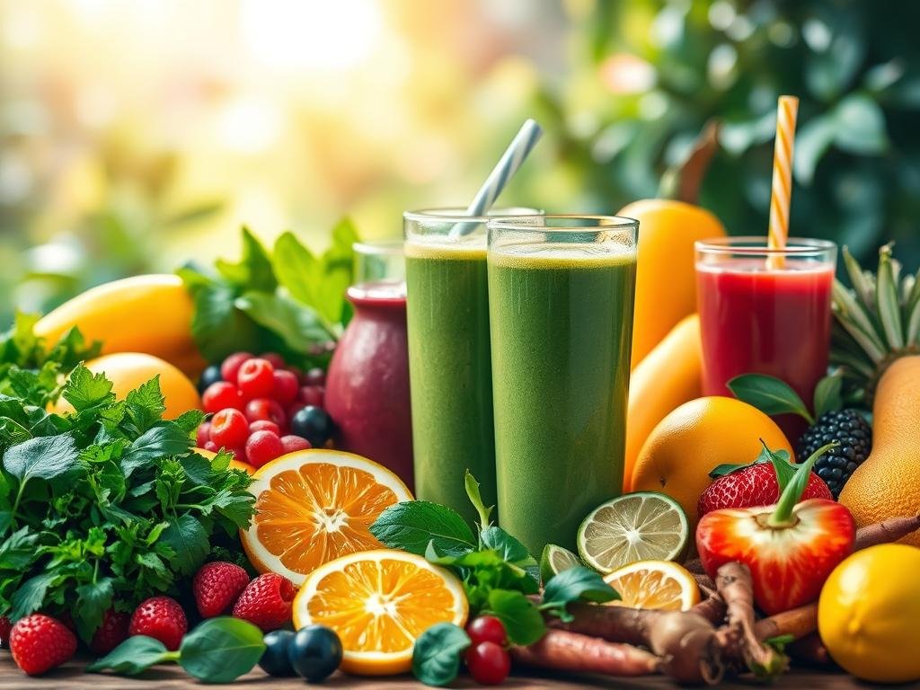 Vibrant and rejuvenating scene of fresh detox smoothies and juices, featuring a variety of healthy fruits and vegetables. The foreground displays an artfully arranged selection of colorful produce - leafy greens, citrus fruits, berries, and vibrant roots. In the middle ground, sleek glass containers hold the freshly blended concoctions, emitting a radiant, ethereal glow. The background softly fades into a serene, nature-inspired setting, with lush foliage and a warm, diffused lighting that evokes a sense of wellness and balance. The overall atmosphere conveys the purity, vitality, and the dichotomy between the truths and myths surrounding detox beverages. Um cenário vibrante e rejuvenescedor de smoothies e sucos detox frescos, com uma variedade de frutas e vegetais saudáveis. O primeiro plano exibe uma seleção artisticamente organizada de produtos coloridos – folhas verdes, frutas cítricas, frutas vermelhas e raízes vibrantes. No centro, recipientes de vidro elegantes contêm as misturas recém-preparadas, emitindo um brilho radiante e etéreo. O fundo se transforma suavemente em um cenário sereno e inspirado na natureza, com folhagens exuberantes e uma iluminação quente e difusa que evoca uma sensação de bem-estar e equilíbrio. A atmosfera geral transmite a pureza, a vitalidade e a dicotomia entre as verdades e os mitos que cercam as bebidas detox.