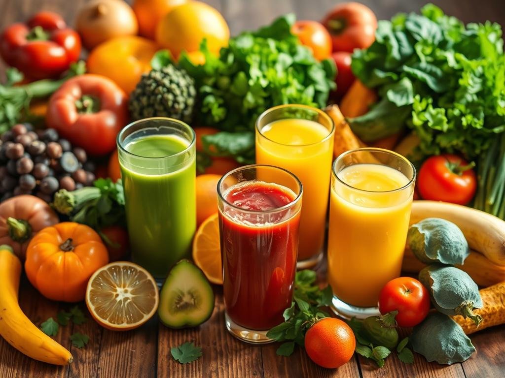 Vibrant array of fresh, vibrant fruits and vegetables on a wooden table, beautifully arranged to create a detox juice scene. Soft, natural lighting illuminates the scene, casting gentle shadows. The composition features a variety of greens, reds, oranges, and yellows, creating a visually appealing and appetizing display. Glistening glasses filled with freshly squeezed, nutrient-rich juices take center stage, inviting the viewer to indulge in a healthy, cleansing experience. The overall mood is one of wellness, rejuvenation, and a celebration of nature's bounty. Sucos Perfeitos para sua Dieta: Fáceis de Fazer e Cheios de Benefícios