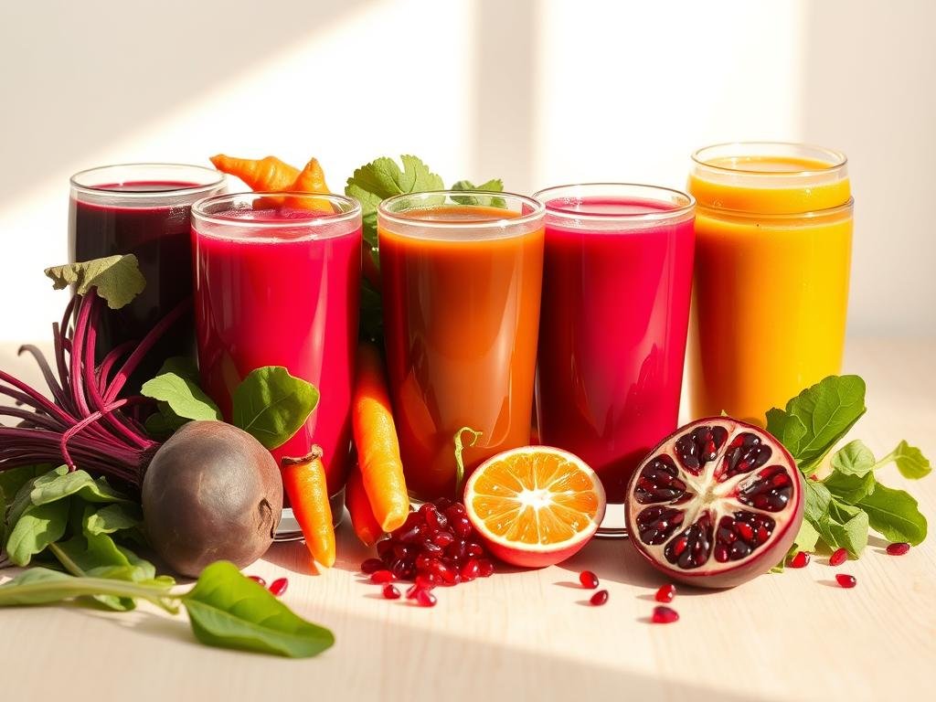 Vibrant assortment of freshly pressed antioxidant-rich juices, including deep red beets, bright orange carrots, verdant spinach, and ruby-hued pomegranate, artfully arranged on a light wooden surface. Gentle natural lighting casts a warm, glowing ambiance, highlighting the juices' rich colors and enticing the viewer to savor their nourishing properties. The composition evokes a sense of vitality and radiance, symbolizing the transformative power of these antioxidant-packed beverages to revitalize and rejuvenate the skin. Pele Linda Todos os Dias? Aposte Nesses Sucos Poderosos