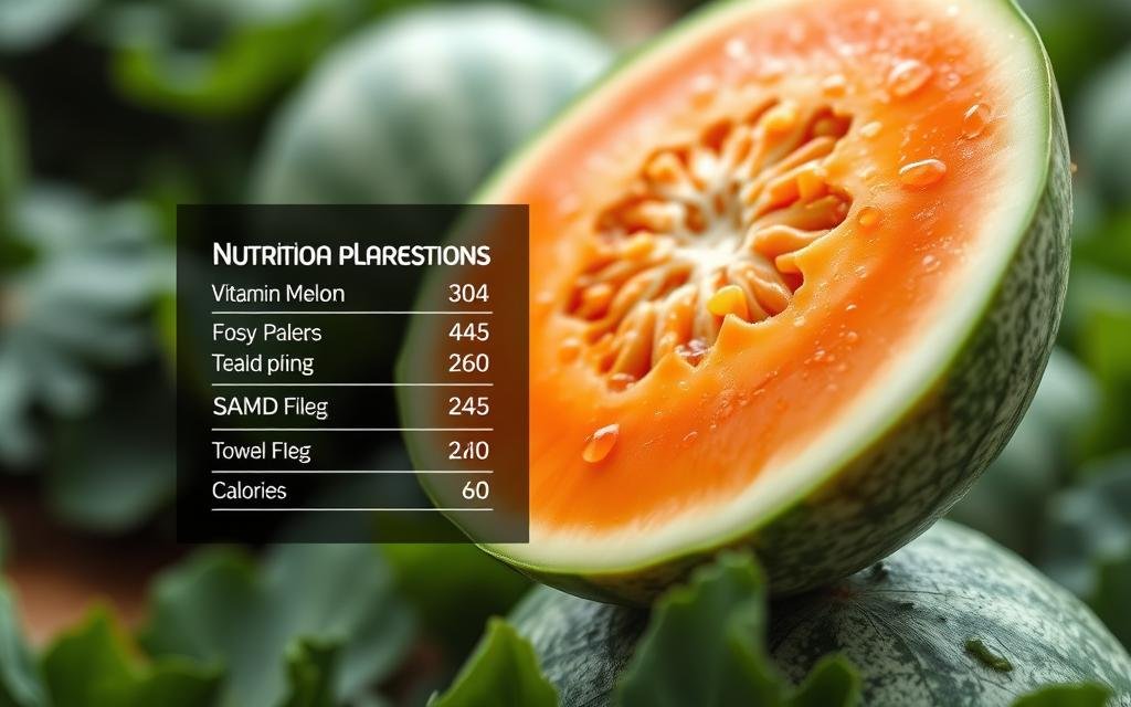 A close-up image of the nutritional properties of a fresh, juicy melon. The foreground features a sliced melon half, revealing its vibrant orange flesh, glistening with droplets of water. The middle ground displays a selection of nutritional information, such as vitamin and mineral content, calorie breakdown, and health benefits, presented in a clean, infographic-style layout. The background is a soft, blurred scene of a lush, green melon field, conveying a sense of freshness and natural goodness. The lighting is soft and diffused, emphasizing the melon's natural colors and textures. The overall mood is informative yet appetizing, inviting the viewer to appreciate the nutritional value of this refreshing fruit. A close-up image of the nutritional properties of a fresh, juicy melon. The foreground features a sliced melon half, revealing its vibrant orange flesh, glistening with droplets of water. The middle ground displays a selection of nutritional information, such as vitamin and mineral content, calorie breakdown, and health benefits, presented in a clean, infographic-style layout. The background is a soft, blurred scene of a lush, green melon field, conveying a sense of freshness and natural goodness. The lighting is soft and diffused, emphasizing the melon's natural colors and textures. The overall mood is informative yet appetizing, inviting the viewer to appreciate the nutritional value of this refreshing fruit.