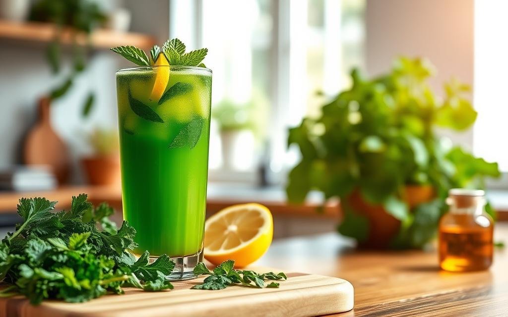 A refreshing glass of detox juice made with fresh mint and kale sits on a wooden kitchen counter. The vibrant green liquid is adorned with a sprig of mint floating on top and a slice of lemon on the rim of the glass. In the foreground, there's a cutting board with freshly chopped kale and mint leaves, along with a small glass jar of honey for a touch of sweetness. The middle ground features a bright, sunlit kitchen with lush plants in the background, adding to the healthy atmosphere. Soft natural light streams through a window, creating a warm and inviting glow. The focus is sharp on the juice glass, capturing its freshness and inviting hue, evoking a sense of rejuvenation and well-being.