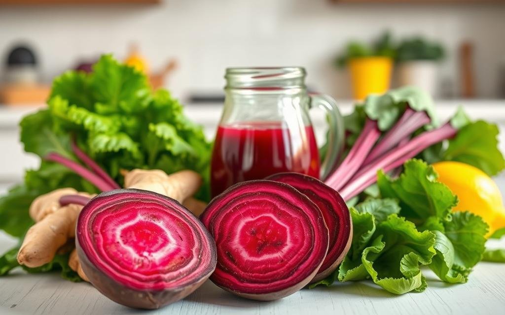 A vibrant and colorful display of fresh ingredients for detox beet juice, arranged artfully on a clean, white wooden table. In the foreground, showcase a glossy, deep red beet cut in half, revealing its rich, earthy interior. Surround it with bright green kale leaves, fresh ginger root, and zesty lemons, their yellow hues contrasting beautifully. In the middle background, include a small glass jug filled with a freshly made detox juice, glistening in soft, natural light, casting subtle reflections. The scene is set with a blurred out kitchen in the background, evoking a wholesome, health-focused atmosphere. The lighting is soft and warm, enhancing the freshness of the ingredients, while the composition is shot from a slightly elevated angle for a dynamic view.
