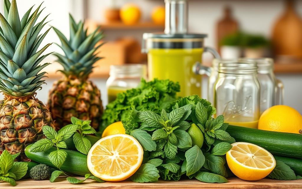 A vibrant and fresh composition of ingredients for a detox juice, focusing on a beautifully arranged variety of fruits and vegetables. In the foreground, showcase ripe pineapples, green cucumbers, and fresh mint leaves, interspersed with bright green kale and a sliced lemon for a pop of color. In the middle, include a rustic wooden cutting board, a sleek glass juicer, and a few sparkling glass jars ready for the juice. The background should have a softly blurred kitchen setting with warm, natural lighting to create an inviting atmosphere, emphasizing freshness and health. Capture the scene from a slightly elevated angle to highlight the textures and colors, creating a mood of vitality and refreshment.