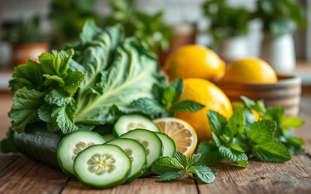 A vibrant and refreshing arrangement of detox juice ingredients, featuring sliced cucumber, fresh mint leaves, bright green kale, and ripe lemons displayed on a rustic wooden table. In the foreground, the cucumber should be prominently featured, with its refreshing texture and color highlighted. The middle ground should include the other ingredients artfully arranged, with soft, natural lighting enhancing their freshness and vibrancy. The background can include a blurred kitchen setting with herbal plants, emphasizing a wholesome, healthy atmosphere. Use a shallow depth of field to draw focus on the ingredients, evoking a feeling of rejuvenation and vitality, perfect for a detox theme. Receita de Suco Detox com Pepino