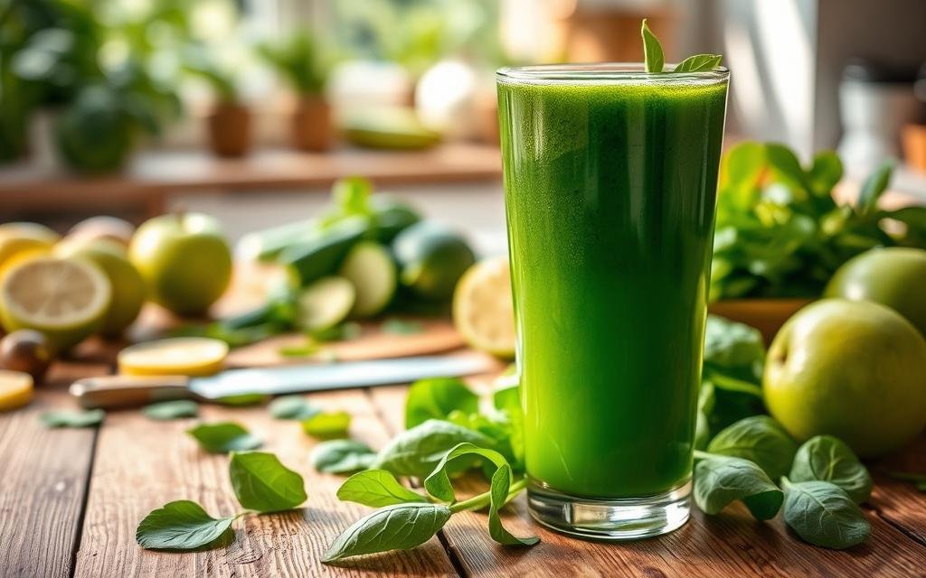 A vibrant and refreshing detox juice made from spinach, surrounded by a variety of fresh ingredients such as green apples, cucumbers, and lemon slices. In the foreground, the glass fills with a rich green liquid, glistening under soft, natural sunlight that highlights the freshness of the ingredients. The middle ground features a rustic wooden table adorned with scattered spinach leaves and a knife with chopped fruits and vegetables, showcasing a healthy lifestyle. In the background, an inviting kitchen setting with soft-focus greenery creates a tranquil, health-oriented atmosphere. The composition conveys a sense of vitality and well-being, perfect for illustrating the benefits of a detox regime.