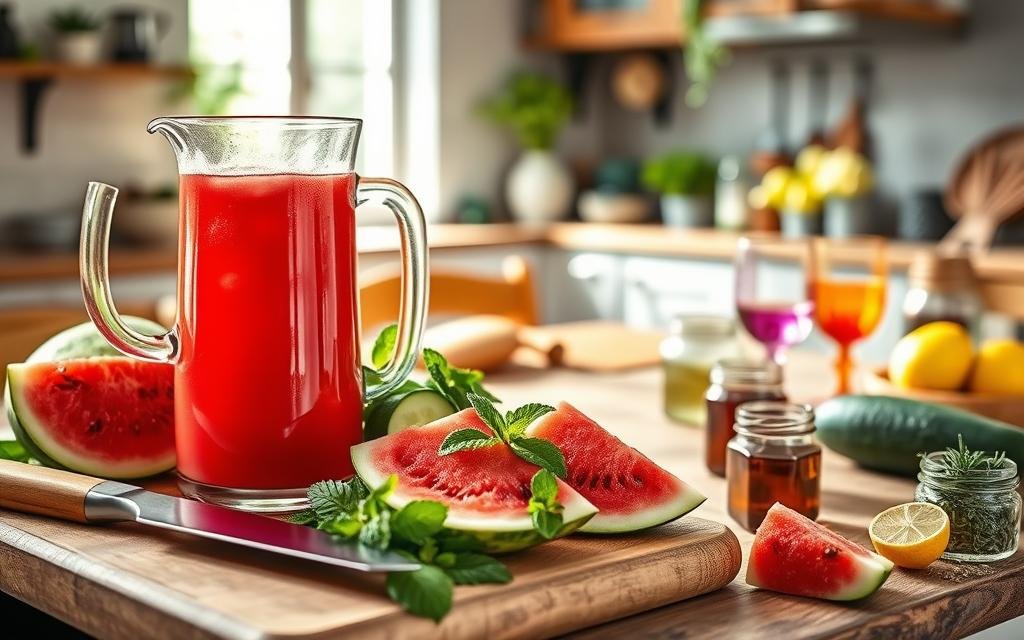 A vibrant and refreshing scene centered around a watermelon detox juice, showcasing a clear glass pitcher filled with bright red watermelon juice, surrounded by fresh watermelon slices and green mint leaves. In the foreground, a wooden cutting board holds a chef's knife and additional fruits like cucumbers and lemons, emphasizing healthy ingredients. In the middle ground, a rustic table is adorned with colorful glassware and small jars of detox-enhancing herbs, creating an inviting atmosphere. The background features a softly blurred kitchen with natural light streaming through a window, adding warmth and a sense of home. The overall mood is uplifting and health-conscious, perfect for a wellness article.