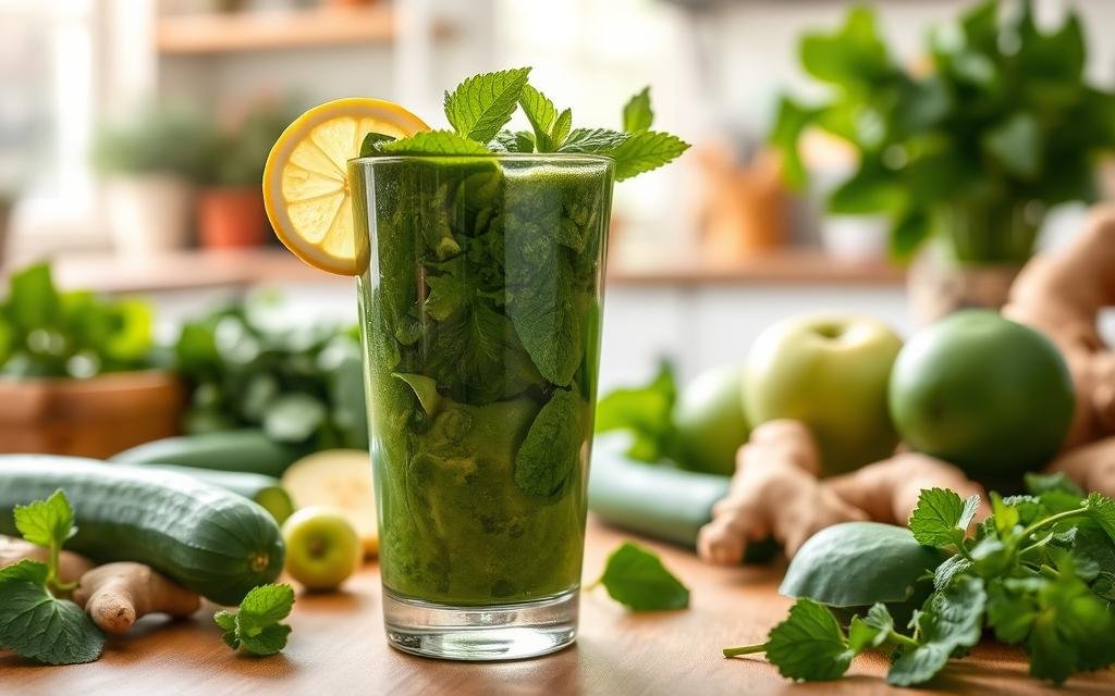 A vibrant and refreshing scene showcasing the benefits of green juice for liver detoxification. In the foreground, a glass of freshly prepared green juice filled with leafy greens like kale and spinach, garnished with a slice of lemon and a sprig of mint. Surrounding the glass are fresh ingredients including cucumbers, green apples, and ginger root, all highlighting their natural colors. In the middle ground, a wooden table adds warmth, contrasting with the freshness of the juice. The background features a softly blurred kitchen environment with sunlight streaming through a window, creating a bright and uplifting atmosphere. Utilize soft, natural lighting from the window to emphasize the freshness of the ingredients, shot from a slightly elevated angle to capture the whole composition harmoniously. The mood is healthful, invigorating, and inviting, promoting a sense of wellness.