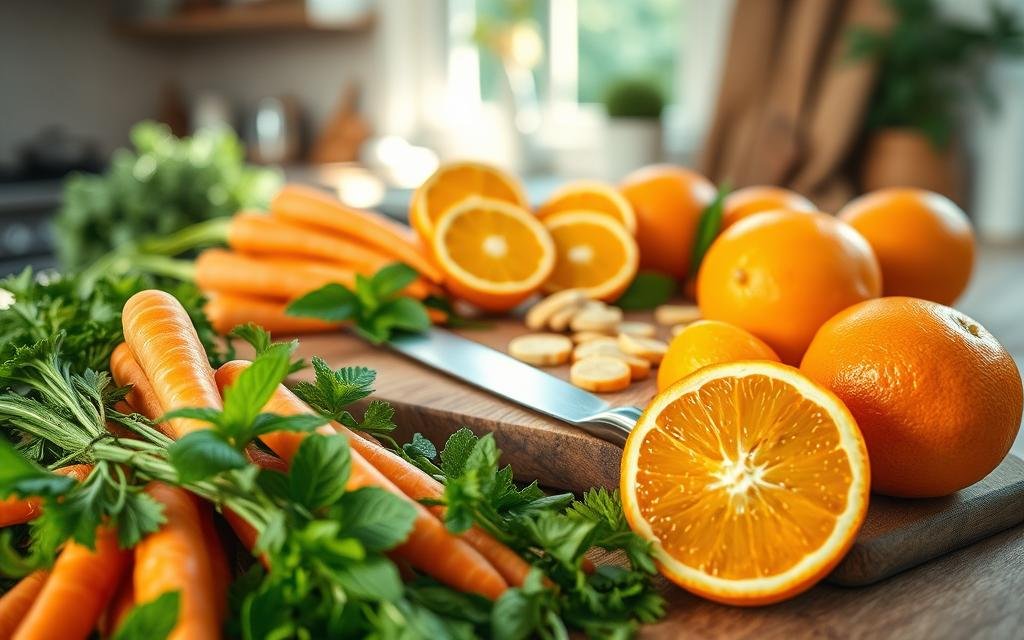 A vibrant arrangement of fresh ingredients for a detox juice featuring carrots and oranges. In the foreground, include a pile of bright orange carrots with leafy green tops and bright, juicy oranges, some peeled to reveal their zesty interior. The middle ground should display a rustic wooden cutting board with a cutting knife, sprinkled with fresh mint leaves and slices of ginger for added flavor. The background should softly blur a kitchen setting with natural light streaming in from a window, casting delicate shadows. Capture the essence of health and vitality with a warm, inviting atmosphere, evoking a sense of freshness and wellness. Use a shallow depth of field for an artistic touch.