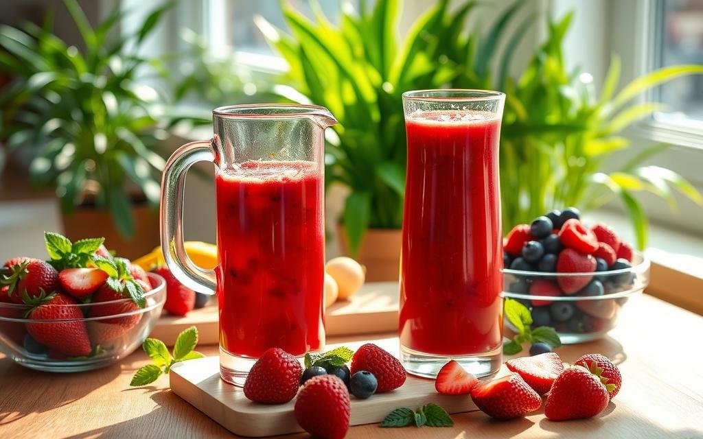 A vibrant kitchen scene showcasing the preparation of a red fruit detox drink. In the foreground, a clear glass pitcher filled with a vivid red mixture of blended berries - strawberries, raspberries, and blueberries - sits next to a neatly arranged bowl of fresh fruits. A cutting board with sliced fruits and sprigs of mint adds color and freshness. In the middle, a wooden countertop catches natural light streaming in from a nearby window, casting soft shadows. In the background, lush green plants create a refreshing atmosphere, while the warm sunlight enhances the scene's inviting mood. The composition emphasizes health and vitality, focusing on the bright colors and textures of the ingredients.