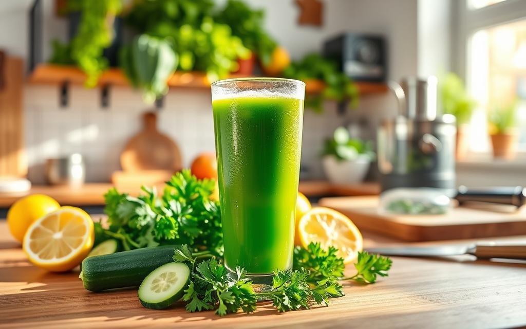 A vibrant kitchen scene showcasing the preparation of a refreshing cucumber detox juice. In the foreground, a sleek glass filled with green juice sits on a wooden countertop, glistening with condensation. Surrounding it are fresh, sliced cucumbers, vibrant green parsley, a zesty lemon cut in half, and a juicer. In the middle background, bright sunlight streams through a window, illuminating herbs and fruits on shelves. A cutting board with a sharp knife is visible, hinting at the preparation process. The atmosphere is fresh and energizing, evoking a sense of wellness and vitality. Use a soft focus to enhance the inviting nature of the scene as if captured with a 50mm lens to ensure clarity and warmth. A vibrant kitchen scene showcasing the preparation of a refreshing cucumber detox juice. In the foreground, a sleek glass filled with green juice sits on a wooden countertop, glistening with condensation. Surrounding it are fresh, sliced cucumbers, vibrant green parsley, a zesty lemon cut in half, and a juicer. In the middle background, bright sunlight streams through a window, illuminating herbs and fruits on shelves. A cutting board with a sharp knife is visible, hinting at the preparation process. The atmosphere is fresh and energizing, evoking a sense of wellness and vitality. Use a soft focus to enhance the inviting nature of the scene as if captured with a 50mm lens to ensure clarity and warmth.