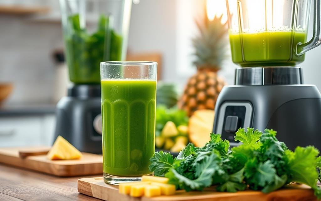 A vibrant kitchen scene showcasing the preparation of green juice featuring kale and pineapple. In the foreground, a clear glass jug filled with freshly blended green juice, with a few kale leaves and pineapple slices artistically arranged around it. In the middle ground, a wooden cutting board displaying a whole pineapple and chopped kale, with a high-quality blender in action, whirring with bright green liquid. The background features soft, natural sunlight filtering through a window, casting a warm glow on the scene. The atmosphere feels fresh and invigorating, ideal for health enthusiasts. The camera angle is slightly elevated, capturing the beauty of the ingredients and the process, with a shallow depth of field for a professional touch. No text, logos, or watermarks in the image.