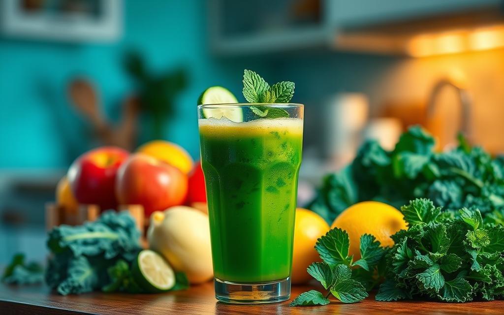 A vibrant, visually appealing depiction of a nighttime detox juice, showcasing its health benefits for weight loss. In the foreground, a glass filled with a beautifully layered green detox juice, garnished with fresh mint leaves and a slice of cucumber. The middle ground features an arrangement of fresh fruits and vegetables like kale, apples, and lemons, artistically placed around the glass. The background reveals a softly lit kitchen with calming blue and green hues, creating a serene and inviting atmosphere. Warm yet subtle lighting accentuates the textures of the ingredients, using a shallow depth of field to focus attention on the juice. The overall mood should feel refreshing and rejuvenating, inviting viewers to explore the wellness benefits of a nighttime detox.