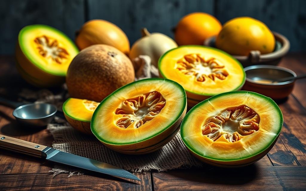 Vivid still life of vibrant ripe melons on a rustic wooden table, illuminated by soft, natural lighting. Melons in the foreground are halved, revealing their juicy, glistening interior with a mix of golden and green hues. Surrounding the melons are various kitchen implements like a sharp knife and a small bowl, adding to the scene's authentic, culinary atmosphere. The middle ground features a weathered burlap cloth, lending an earthy, textural element. Soft, diffused light casts gentle shadows, creating a welcoming, appetizing mood. The background remains slightly blurred, keeping the focus on the central subjects. Realistic, high-quality rendering with a crisp, photographic quality. Suco de Melão