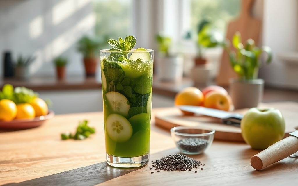 A beautifully arranged breakfast scene focusing on a vibrant detox juice in a clear glass. The juice is a vivid green, filled with fresh ingredients like kale, cucumber, and apple slices, garnished with a sprig of mint. In the foreground, the glass is placed on a wooden table, accompanied by a small bowl of chia seeds and a few fresh fruits like apples and lemons. In the middle background, a modern kitchen is softly lit by morning sunlight streaming through a window, casting gentle shadows. Potted herbs and a cutting board with a knife add a cozy, healthy atmosphere. The overall mood is refreshing and serene, ideal for a morning routine. The image should be inviting and emphasize wellness without any text or distractions. Melhor Horário para Tomar Suco Detox
