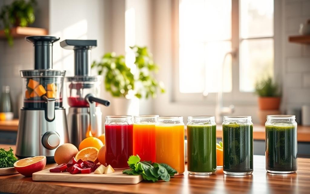 A beautifully arranged kitchen countertop displaying various methods for preparing juices. In the foreground, a vibrant juicer with fresh fruits like oranges, apples, and leafy greens, neatly chopped on a cutting board. In the middle ground, glass bottles filled with colorful juices, showing a gradient from deep red beet juice to bright green kale juice, capturing the essence of health. In the background, a large window with natural sunlight streaming in, casting soft shadows and creating a warm atmosphere. A potted herb plant adds a touch of greenery. The scene is inviting and energized, evoking a sense of natural wellness and freshness, perfect for a culinary setting. Suco para Diminuir Apetite Naturalmente