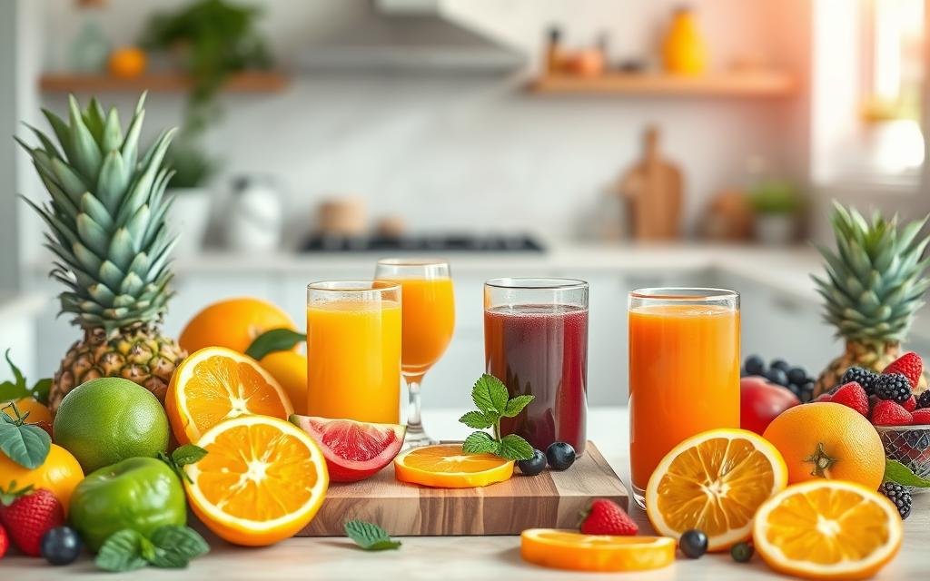 A beautifully arranged table showcasing vibrant fruit juices for weight loss. In the foreground, a colorful selection of fresh fruits such as oranges, pineapples, and berries are artistically displayed next to glasses filled with enticing, freshly-made juices. The middle of the scene features a wooden cutting board with slices of fruits and herbs like mint for garnish. In the background, a soft-focus kitchen setting with natural light streaming in through a window creates a warm, inviting atmosphere. The mood is cheerful and healthy, highlighting the idea of natural appetite suppression through delicious juices. The composition is shot from a slightly elevated angle to capture the details and colors, enhancing the visual appeal of the healthy recipes. Suco para Diminuir Apetite