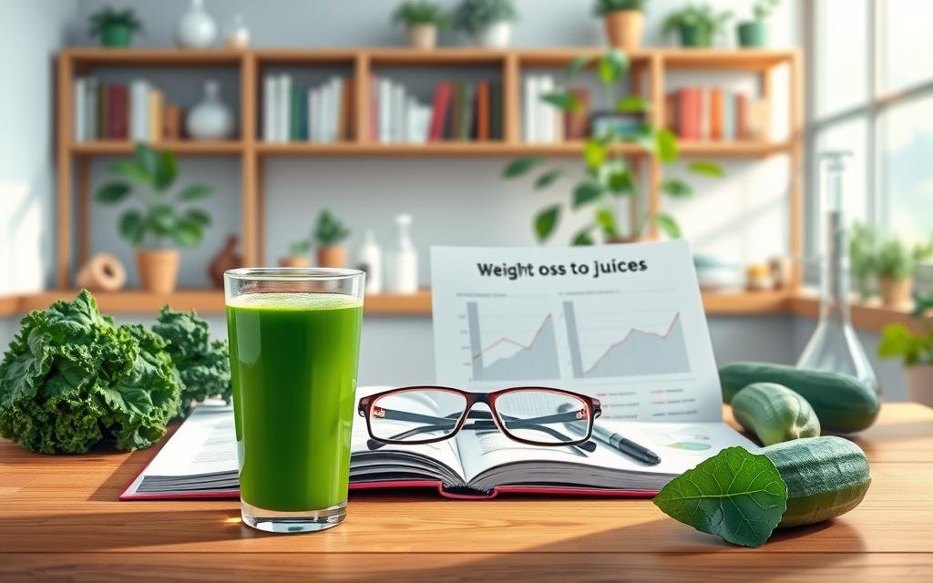 A scientifically-themed illustration depicting evidence of weight loss through green juice. In the foreground, a clear glass filled with vibrant green juice sits on a wooden table, surrounded by fresh vegetables like kale, spinach, and cucumber. In the middle, an open notebook with scientific graphs and charts about weight loss is placed next to the juice, along with a pair of glasses and a pen, suggesting research and study. In the background, a well-lit laboratory setting with shelves of books, beakers, and leafy plants creates an academic atmosphere. Soft, natural lighting enhances the freshness of the scene. The overall mood is informative and encouraging, embodying a sense of health, vitality, and scientific exploration. Suco Verde Emagrece Quantos Quilos?