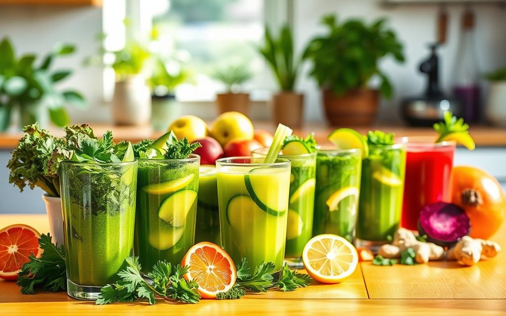 A vibrant and fresh depiction of detox juices, focusing on a variety of colorful drinks arranged artistically on a bright wooden table. In the foreground, several glasses of green detox juices filled with vibrant ingredients like spinach, kale, and cucumber, garnished with fresh herbs and citrus slices. The middle section features an assortment of fruits and vegetables used for juicing, such as apples, beets, and ginger, beautifully displayed in bright, natural light. In the background, a sunlit kitchen setting with green plants and kitchen tools softly blurred, creating a fresh and healthy atmosphere. The overall mood is invigorating and uplifting, emphasizing the benefits of detox juices for weight loss. Suco Verde Emagrece