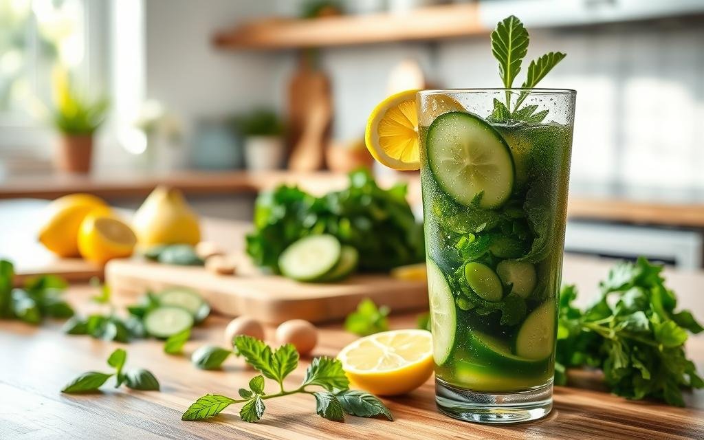A vibrant and refreshing detox juice prominently displayed in the foreground, served in a clear glass with droplets of condensation, showcasing a mixture of green vegetables like spinach and kale, alongside slices of cucumber, lemon, and a hint of ginger for a zesty touch. In the middle ground, a wooden cutting board lies with additional ingredients scattered around, including fresh herbs and fruits. The background features a well-lit kitchen setting with soft morning light streaming through a window, illuminating the natural colors of the juice. The mood is fresh and invigorating, evoking a sense of health and wellness, ideal for a health-conscious audience. The angle is slightly tilted to highlight the juice’s texture and vibrant colors without any text or watermarks. Receita de Suco Diurético