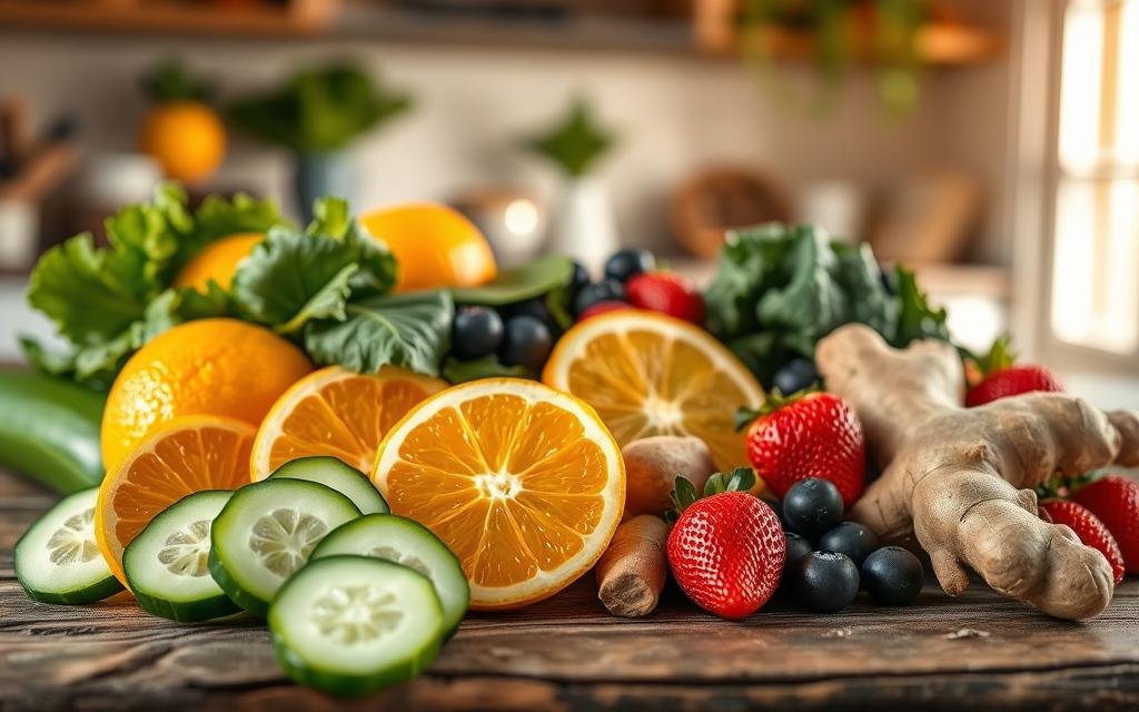 A vibrant, close-up arrangement of healthy juice ingredients displayed on a rustic wooden table. In the foreground, there are sliced pieces of bright green cucumber, juicy oranges, and fresh ginger roots, their textures gleaming under soft, natural lighting. The middle ground features a variety of leafy greens such as spinach and kale, along with colorful berries like blueberries and strawberries, symbolizing vitality. In the background, there's a blurred image of a kitchen setting, with sunlight streaming in through a window, creating a warm and inviting atmosphere. The overall mood is fresh, energizing, and health-focused, perfect for illustrating the benefits of essential juice ingredients. Suco para Acelerar Metabolismo