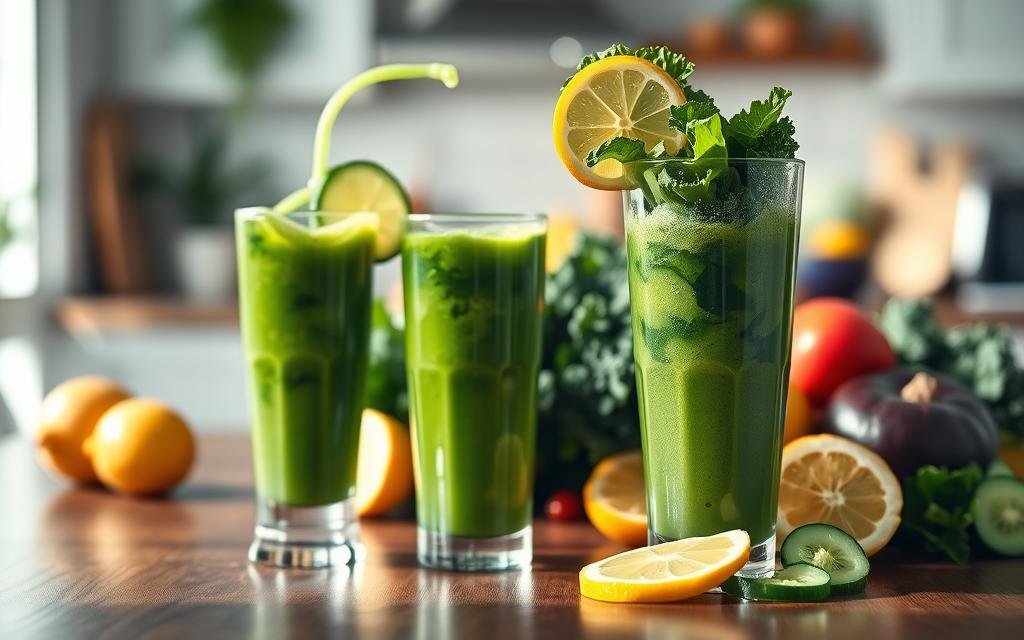 A vibrant, inviting scene featuring a glass of green detox juice, overflowing with fresh ingredients like kale, cucumber, and lemon slices. In the foreground, the glass stands on a wooden table, with an enticing swirl of juice cascading into it, showcasing its fresh, tinged colors. The middle ground presents an array of whole fruits and vegetables artfully arranged, emphasizing their natural freshness. In the background, a soft-focus kitchen setting is visible, with light streaming through a window, creating a warm, uplifting atmosphere. The light plays gently on the surfaces, highlighting the textures of the produce. The overall mood is refreshing and invigorating, embodying the health benefits associated with detox juices, perfect for health-conscious individuals. Suco Detox