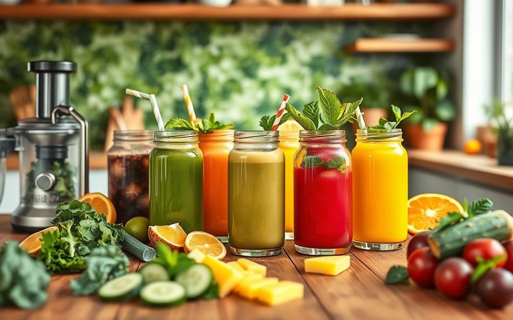 A vibrant kitchen scene featuring an array of colorful detox juices in elegant glass jars, showcasing ingredients like kale, cucumber, celery, and fresh fruits such as pineapple and mint. In the foreground, a stylish wooden table is adorned with cut fruit, a juicer, and a beautiful leafy green backdrop. The middle layer showcases the jars of juice, each with unique colors and garnishes, emitting a fresh and healthy vibe. The background is softly blurred, suggesting a bright and airy kitchen bathed in natural light, enhancing the feeling of freshness and vitality. The overall atmosphere exudes wellness and energy, perfect for inspiring an audience interested in healthy metabolism-boosting recipes. Como Fazer Suco para Acelerar Metabolismo