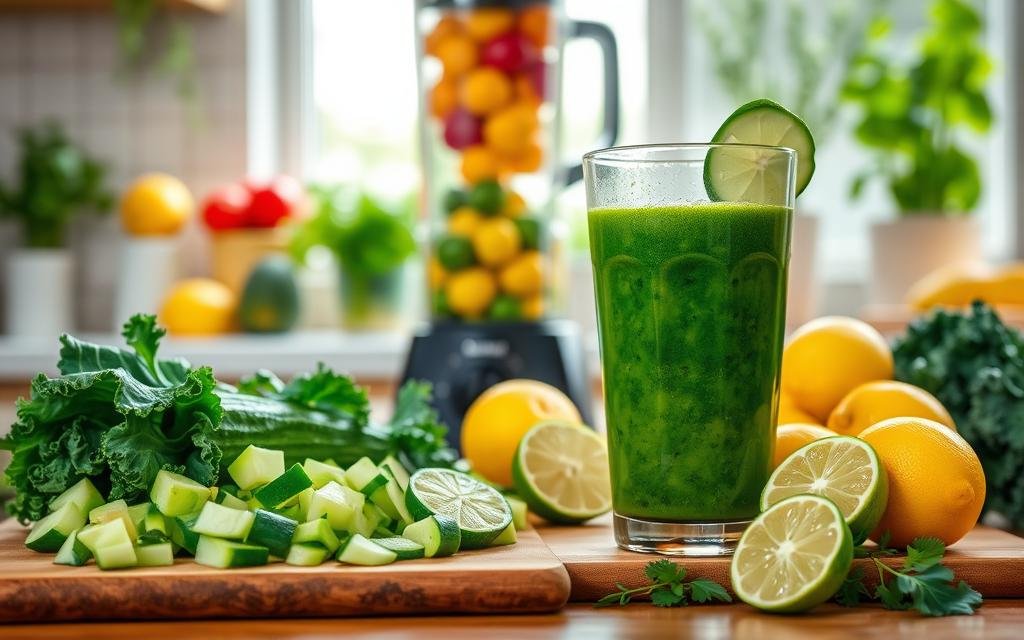 A vibrant kitchen scene featuring fresh, colorful fruits and vegetables ideal for detox juices. In the foreground, a wooden cutting board displays chopped cucumbers, celery, and kale leaves surrounded by bright lemons and limes, glistening with moisture. A glass of green detox juice sits prominently, filled with a blend of these ingredients, showcasing a rich, leafy green color with slices of cucumber on the rim. In the middle, a blender is partially visible, filled with more colorful fruits, creating a dynamic atmosphere of preparation. The background consists of a sunlit window with fresh herbs in pots, casting warm, inviting light throughout the space. The mood is fresh, healthy, and revitalizing, evoking a sense of wellness and vitality. Receita de Suco Diurético para Emagrecer