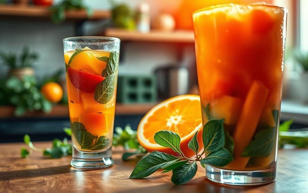 A vibrant, refreshing scene featuring a glass of natural juice filled with a colorful blend of fruits and vegetables, such as oranges, carrots, and leafy greens, positioned prominently in the foreground. The glass is condensation-laden, glistening under soft, warm daylight, accentuating the freshness of the drink. In the middle ground, a wooden table with a partially sliced orange and a few leafy greens adds a wholesome touch, conveying a sense of preparation. The background is softly blurred, highlighting a serene kitchen environment with hints of herbs and more fresh produce on shelves, creating an inviting atmosphere. The overall mood is healthy and refreshing, perfect for a dinner replacement. The image has a cozy, homey feel, evoking a sense of wellness and vitality.