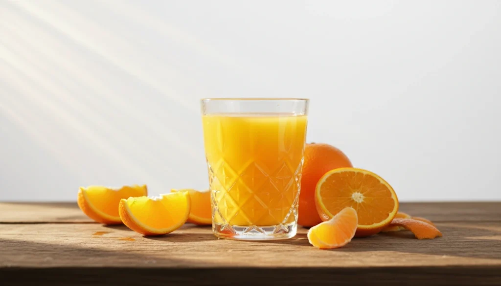 Copo de vidro com suco fresco ilustrando os benefícios do suco de laranja para saúde sobre mesa de madeira iluminada pelo sol.
