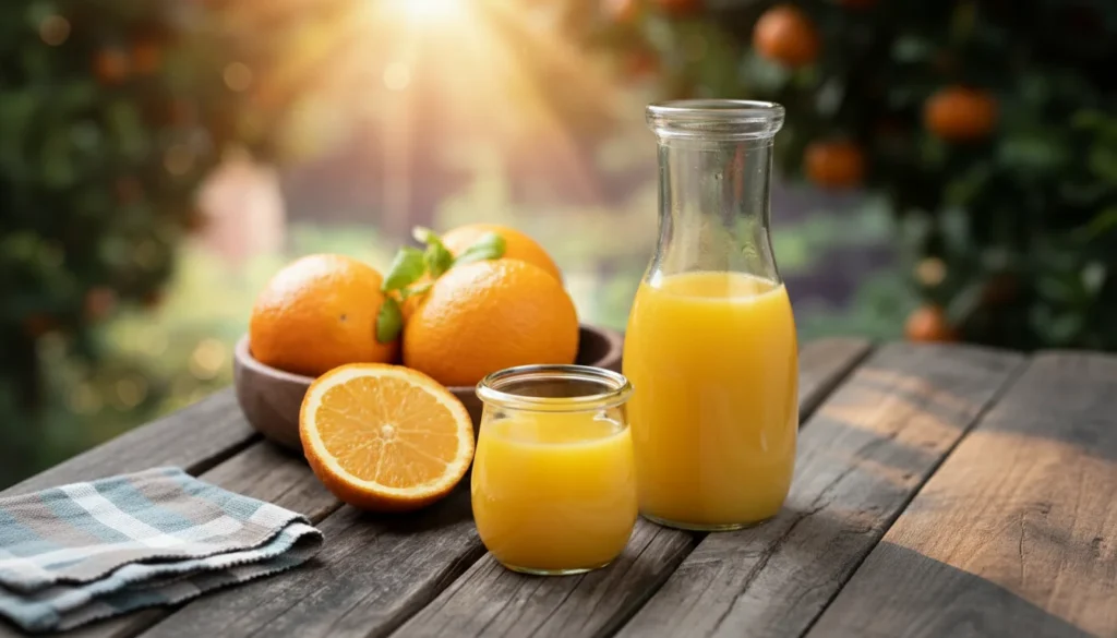 Uma garrafa e um copo de suco de laranja fresco estão sobre uma mesa de madeira rústica, ladeados por laranjas inteiras e uma cortada ao meio, com folhas verdes. Ao fundo, um laranjal sob a luz dourada do sol poente cria uma atmosfera cinematográfica.