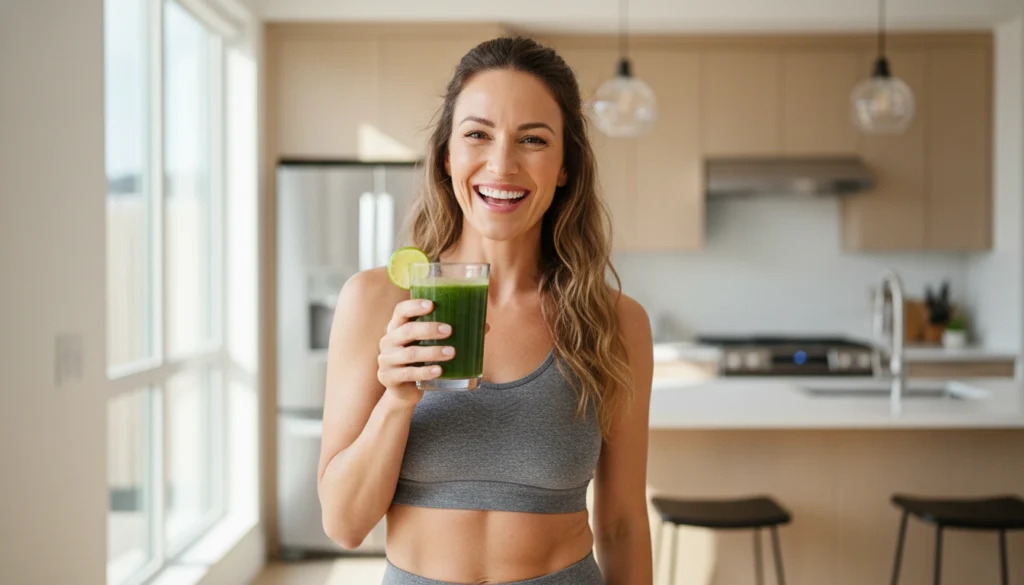 Mulher jovem sorrindo e bebendo um copo de Suco de Espinafre na cozinha iluminada pelo sol, demonstrando vitalidade e saúde.