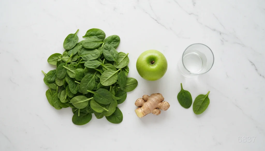 Ingredientes frescos organizados em uma bancada: folhas de espinafre, maçã verde, gengibre e água de coco para o preparo do Suco de Espinafre.
