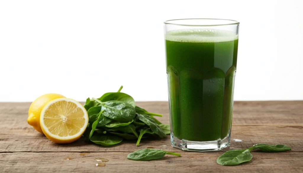 Copo de vidro com Suco de Espinafre verde vibrante sobre mesa de madeira, ao lado de folhas frescas de espinafre e um limão cortado, ilustrando nutrientes e vantagens.