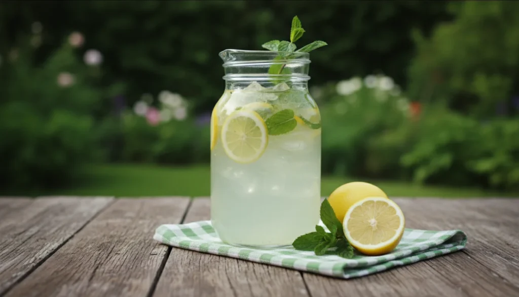 Um jarro de limonada caseira com fatias de limão e folhas de hortelã frescas em um banco de madeira ao ar livre, com um fundo verde borrado de jardim.
