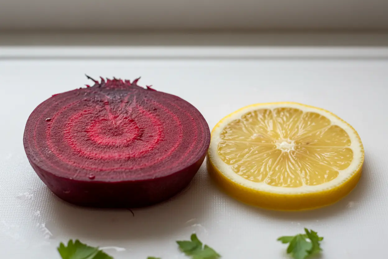 Beterraba e Limão Nutrientes Essenciais Beterraba e limão fatiados, ricos em nutrientes.
