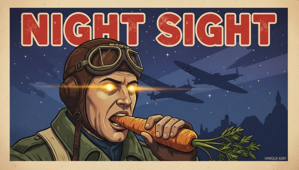 Pôster de propaganda da Segunda Guerra Mundial mostrando piloto comendo cenouras para visão noturna