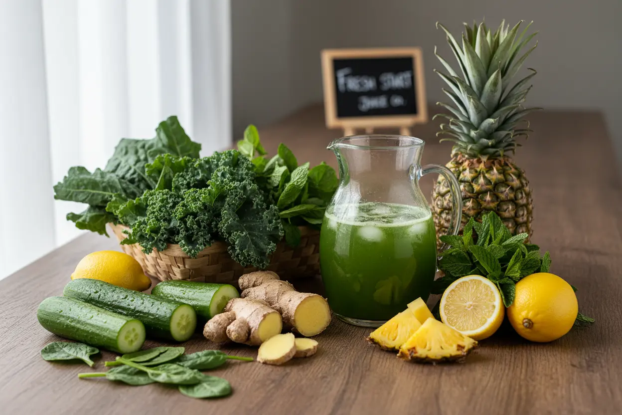 Mesa de madeira com ingredientes frescos para suco detox: couve, pepino, limão, gengibre.