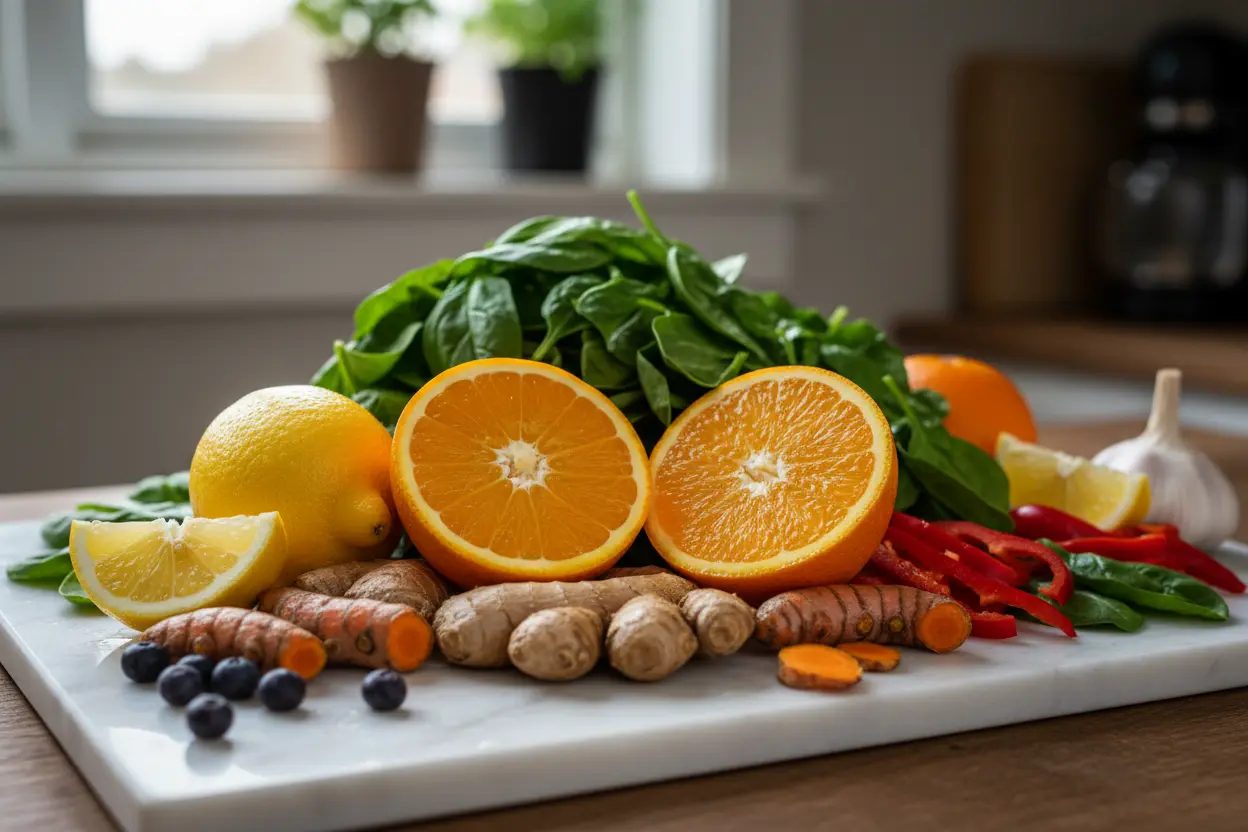 Frutas e vegetais frescos para sucos de imunidade