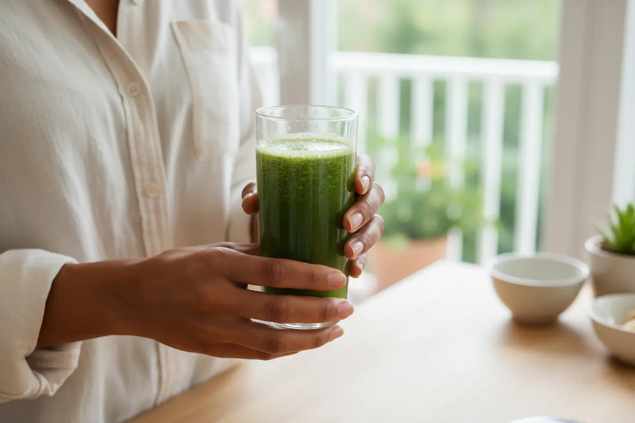 Mãos segurando um copo de suco detox para desinchar a barriga.