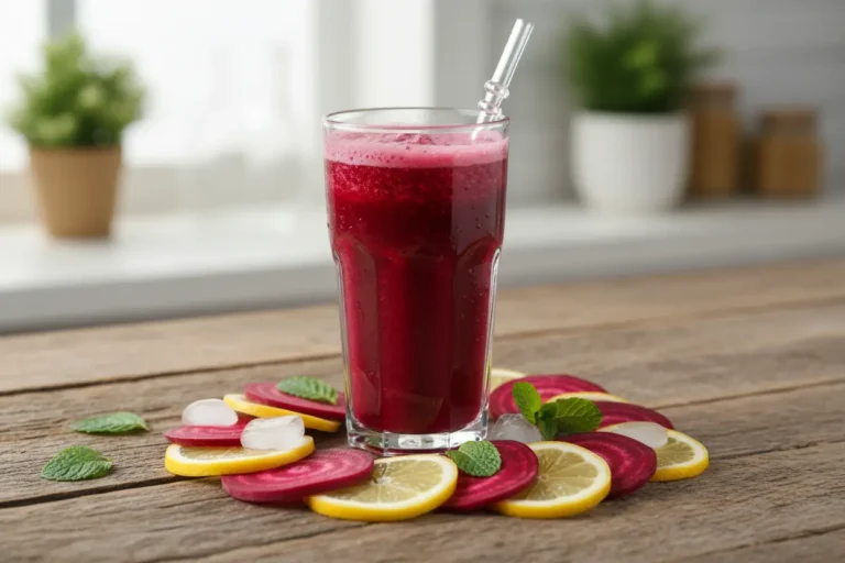 Copo de suco de beterraba com limão fresco e ingredientes ao redor.