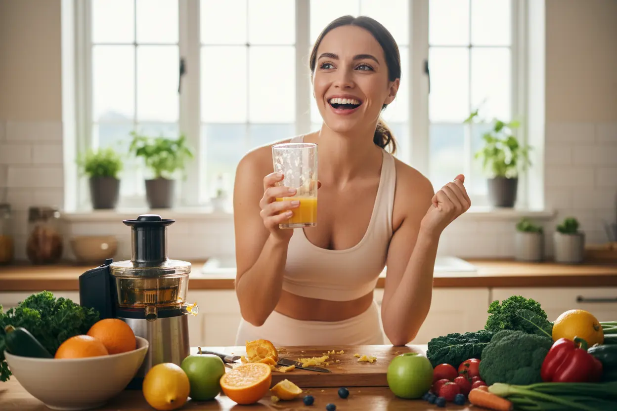 Benefícios do Suco de Beringela e Limão Pessoa sorrindo com copo de suco, representando saúde e energia