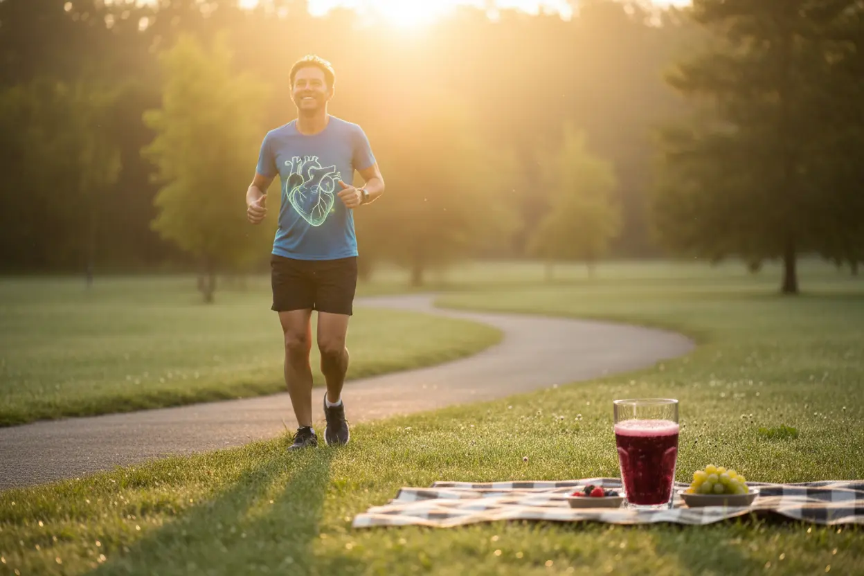 Pessoa correndo em parque, com suco de uva integral ao fundo