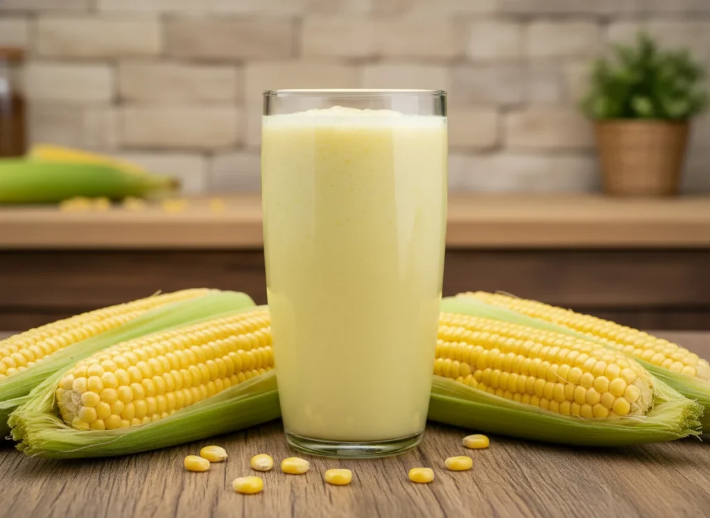 Milho verde fresco, leite e gelo para suco