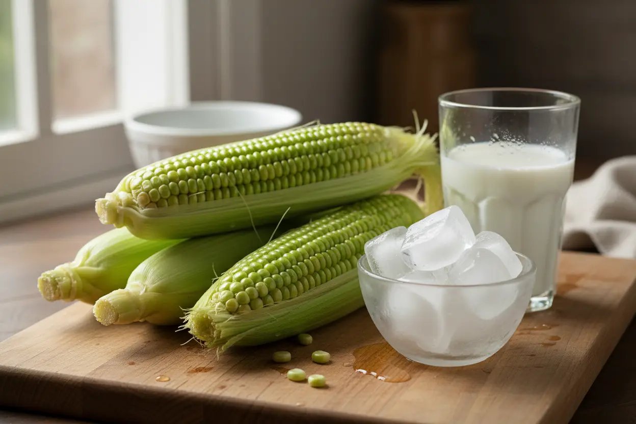 Milho verde fresco, leite e gelo para suco
