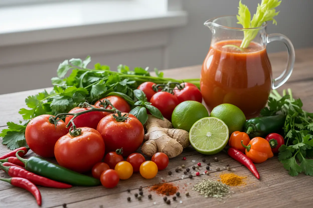 Ingredientes para Suco de Tomate Ingredientes frescos para suco de tomate temperado receita