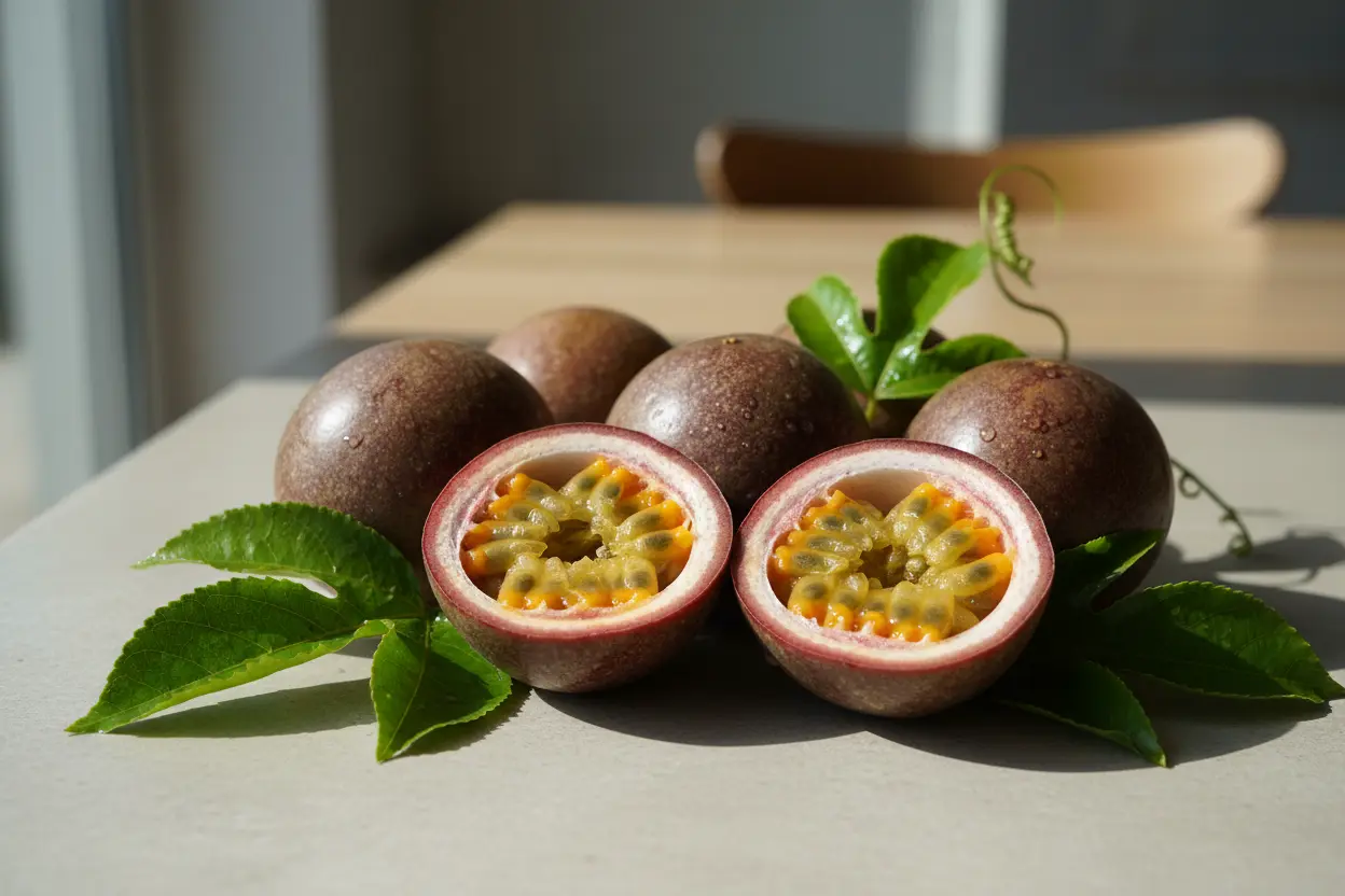 Maracujás frescos cortados e inteiros, simbolizando o relaxamento.